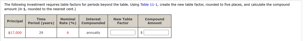 The following investment requires table factors for periods beyond the table. Using Table 11-1, create the new table factor, rounded to five places, and calculate the compound
amount (in $, rounded to the nearest cent.)
Principal
$17,000
Time
Period (years)
29
Nominal
Rate (%)
6
Interest
Compounded
annually
New Table
Factor
$
LA
Compound
Amount