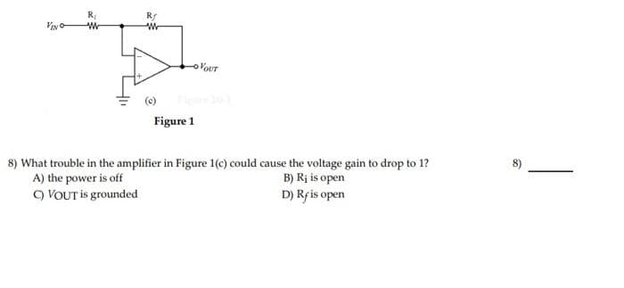 VIN
W
-VOUT
Figure 1
8) What trouble in the amplifier in Figure 1(c) could cause the voltage gain to drop to 1?
A) the power is off
B) Rj is open
C) VOUT is grounded
D) Rf is open