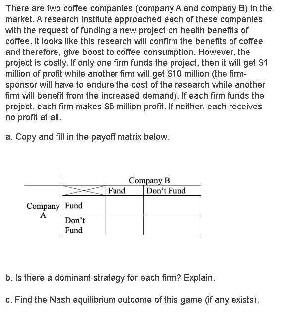 There are two coffee companies (company A and company B) in the
market. A research institute approached each of these companies
with the request of funding a new project on health benefits of
coffee. It looks like this research will confirm the benefits of coffee
and therefore, give boost to coffee consumption. However, the
project is costly. If only one firm funds the project, then it will get $1
million of profit while another firm will get $10 million (the firm-
sponsor will have to endure the cost of the research while another
firm will benefit from the increased demand). If each firm funds the
project, each firm makes $5 million profit. If neither, each receives
no profit at all.
a. Copy and fill in the payoff matrix below.
Company B
Don't Fund
Fund
Company Fund
A
Don't
Fund
b. Is there a dominant strategy for each firm? Explain.
c. Find the Nash equilibrium outcome of this game (if any exists).
