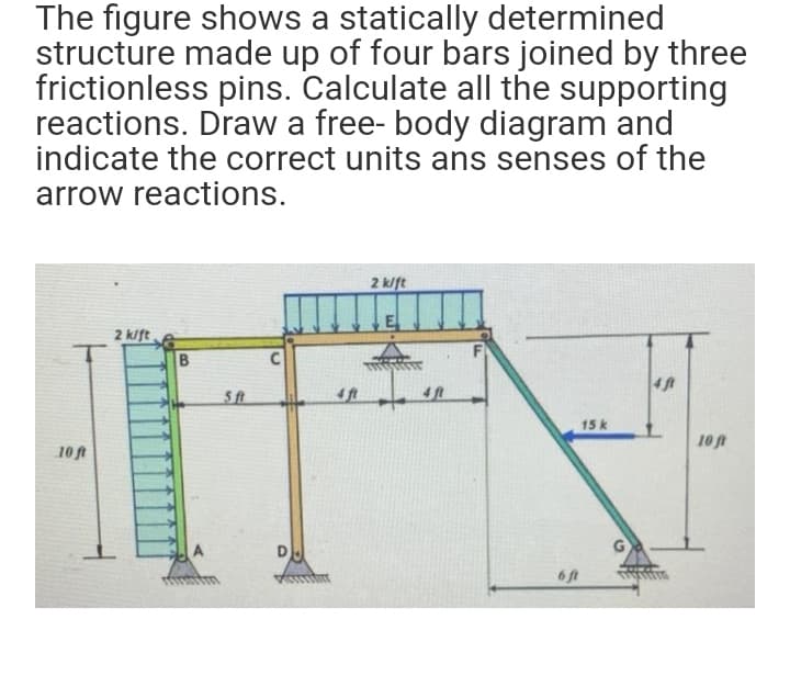 The figure shows a statically determined
structure made up of four bars joined by three
frictionless pins. Calculate all the supporting
reactions. Draw a free- body diagram and
indicate the correct units ans senses of the
arrow reactions.
2 k/ft
2 kift
5 ft
4ft
15 k
10t
10 ft
A
6ft
