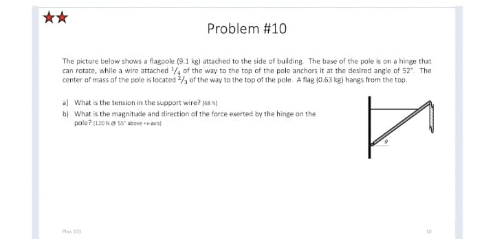 **
Problem #10
The picture below shows a flagpole (9.1 kg) attached to the side of building. The base of the pole is on a hinge that
can rotate, while a wire attached , of the way to the top of the pole anchors it at the desired angle of 52". The
center of mass of the pole is located /3 of the way to the top of the pole. A flag (0.63 kg) hangs from the top.
a) What is the tension in the support wire? (68 N)
b) What is the magnitude and direction of the force exerted by the hinge on the
pole? (120 NO 55 above xaxis)
Phys 103
10
