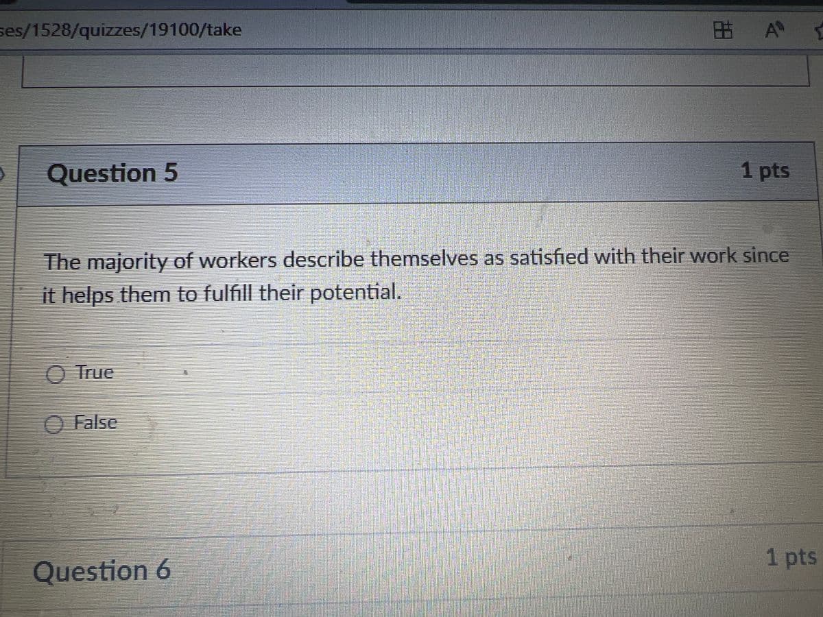 ses/1528/quizzes/19100/take
Question 5
AN
1 pts
The majority of workers describe themselves as satisfied with their work since
it helps them to fulfill their potential.
O True
O False
Question 6
1 pts