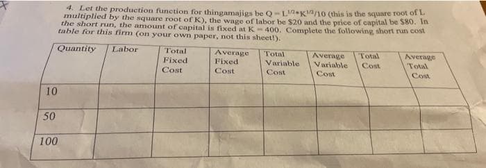 10
50
100
4. Let the production function for thingamajigs be Q-L12K12/10 (this is the square root of L
multiplied by the square root of K), the wage of labor be $20 and the price of capital be $80. In
the short run, the amount of capital is fixed at K-400. Complete the following short run cost
table for this firm (on your own paper, not this sheet!).
Quantity
Labor
Total
Fixed
Cost
Average
Fixed
Cost
Total
Variable
Cost
Average Total
Variable Cost
Cost
Average
Total
Cost