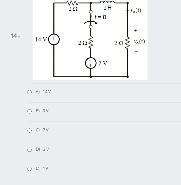 2Ω
1H
i.(t)
t = 0
14-
14 V(+
2Ω
20{ v%(t)
2 V
O A) 14V
O B) OV
O ) 7V
O D) 2V
O E) 4V
