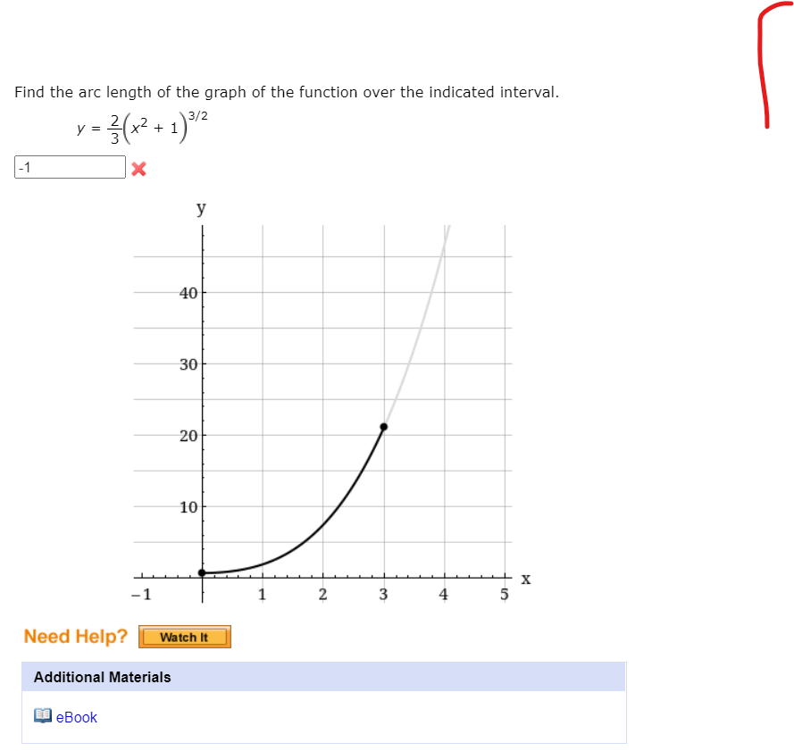 Find the arc length of the graph of the function over the indicated interval.
3/2
+ 1
2
-1
y
40
30
20
10
2
4
5
Need Help?
Watch It
Additional Materials
еВook
%24
3.
1.
