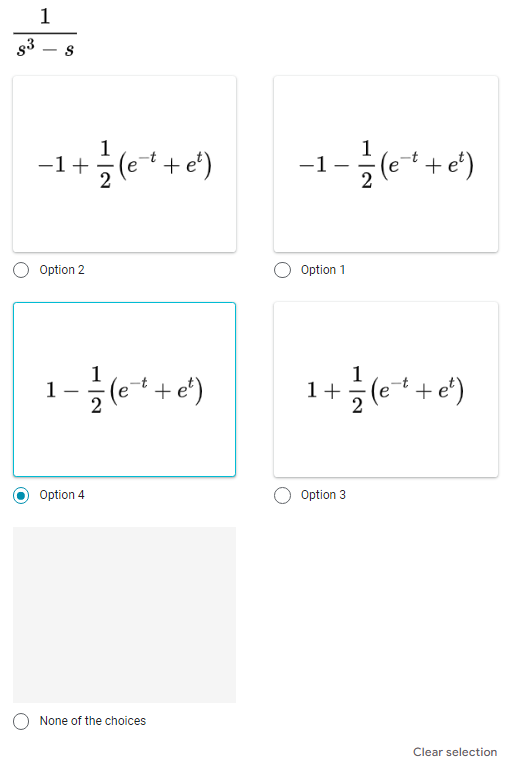 1
83
−1+=(et+et)
Option 2
1-1/2 (e++ e²)
Option 4
None of the choices
-1-²/² (c++ c²)
Option 1
1 + 1/2 (e ² + e²)
Option 3
Clear selection