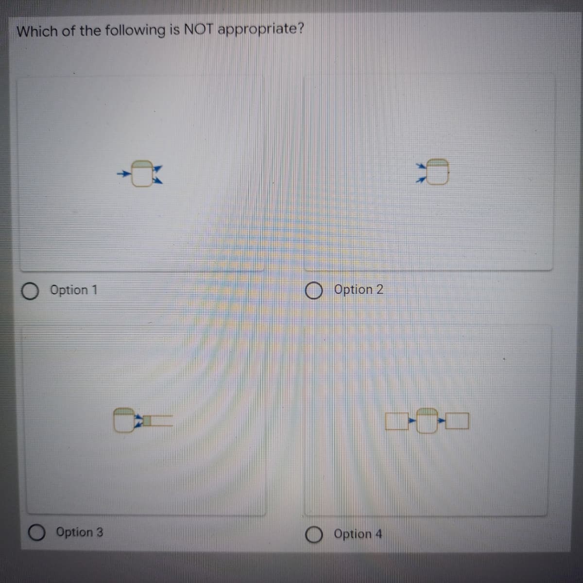 Which of the following is NOT appropriate?
Option 1
O Option 2
Option 3
Option 4
