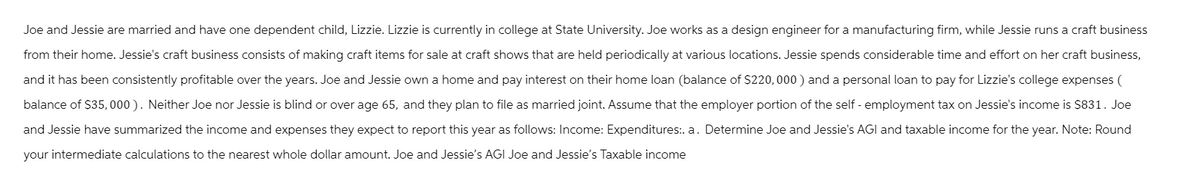 Joe and Jessie are married and have one dependent child, Lizzie. Lizzie is currently in college at State University. Joe works as a design engineer for a manufacturing firm, while Jessie runs a craft business
from their home. Jessie's craft business consists of making craft items for sale at craft shows that are held periodically at various locations. Jessie spends considerable time and effort on her craft business,
and it has been consistently profitable over the years. Joe and Jessie own a home and pay interest on their home loan (balance of $220,000) and a personal loan to pay for Lizzie's college expenses (
balance of $35,000). Neither Joe nor Jessie is blind or over age 65, and they plan to file as married joint. Assume that the employer portion of the self-employment tax on Jessie's income is $831. Joe
and Jessie have summarized the income and expenses they expect to report this year as follows: Income: Expenditures:. a. Determine Joe and Jessie's AGI and taxable income for the year. Note: Round
your intermediate calculations to the nearest whole dollar amount. Joe and Jessie's AGI Joe and Jessie's Taxable income