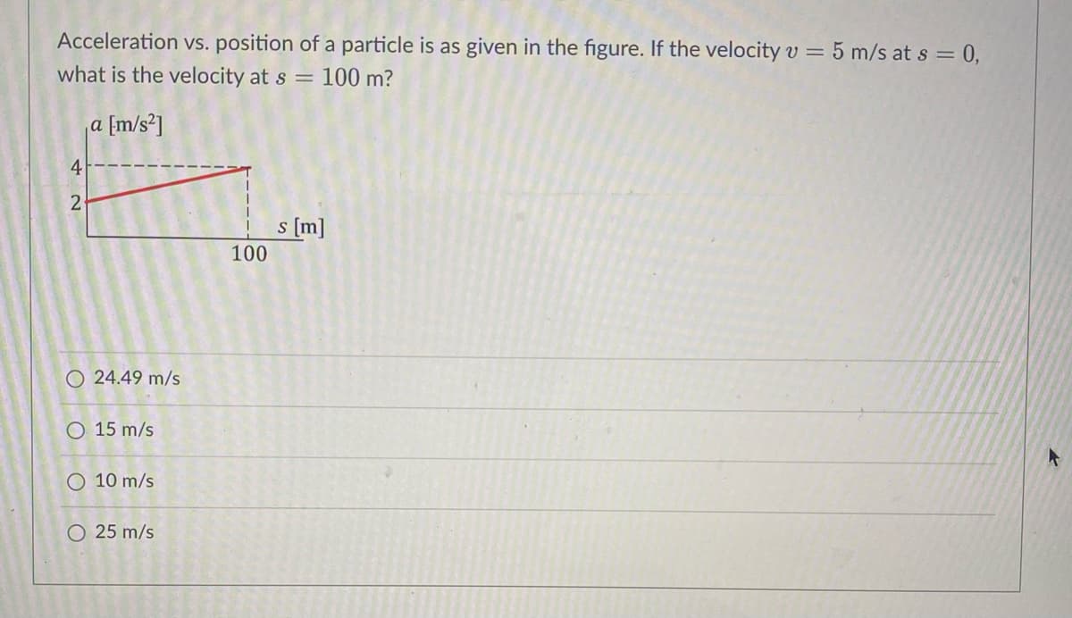 **Acceleration vs. Position of a Particle**

The question provided is:

*Acceleration vs. position of a particle is as given in the figure. If the velocity \( v = 5 \text{ m/s} \) at \( s = 0 \), what is the velocity at \( s = 100 \text{ m}?*

The diagram shows the acceleration \( a \) of a particle in relation to its position \( s \). 

- The horizontal axis represents position \( s \) in meters.
- The vertical axis represents acceleration \( a \) in meters per second squared \((\text{m/s}^2)\). 

The acceleration starts from 2 \(\text{m/s}^2\) at \( s = 0\) and linearly increases to 4 \(\text{m/s}^2\) at \( s = 100 \text{ m}\).

**Multiple-Choice Options:**

1. 24.49 m/s
2. 15 m/s
3. 10 m/s
4. 25 m/s

**Explanation:**

The graph indicates a linear increase in acceleration from \( 2 \, \text{m/s}^2 \) to \( 4 \, \text{m/s}^2 \) over the distance of \( 100 \, \text{m} \).

To find the velocity at \( s = 100 \, \text{m} \), considering the initial velocity and the integration of acceleration, use the work-energy principle where the change in kinetic energy is equal to the work done by the net force.

The work done by the force is:

\[ W = \int F \, ds = \int ma \, ds \]

Since \( a \) is a function of \( s \):

\[ v_f^2 = v_0^2 + 2 \int a(s) \, ds \]

where \( v_f \) is the final velocity, \( v_0 \) is the initial velocity at \( s = 0 \), and \( a(s) \) is the acceleration as a function of \( s \).

Given the acceleration \( a(s) = 2 + \frac{2}{100}s\):

\[ \int_{0}^{100} a(s) \, ds = \int_{0}^{100} \left( 2 + \frac{2}{100}s