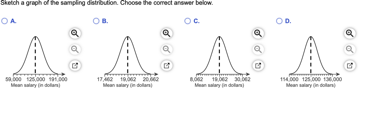 Sketch a graph of the sampling distribution. Choose the correct answer below.
В.
D.
A: A A A
19,062 20,662
17,462
Mean salary (in dollars)
19,062
Mean salary (in dollars)
114,000 125,000 136,000
Mean salary (in dollars)
8,062
59,000 125,000 191,000
Mean salary (in dollars)
30,062
