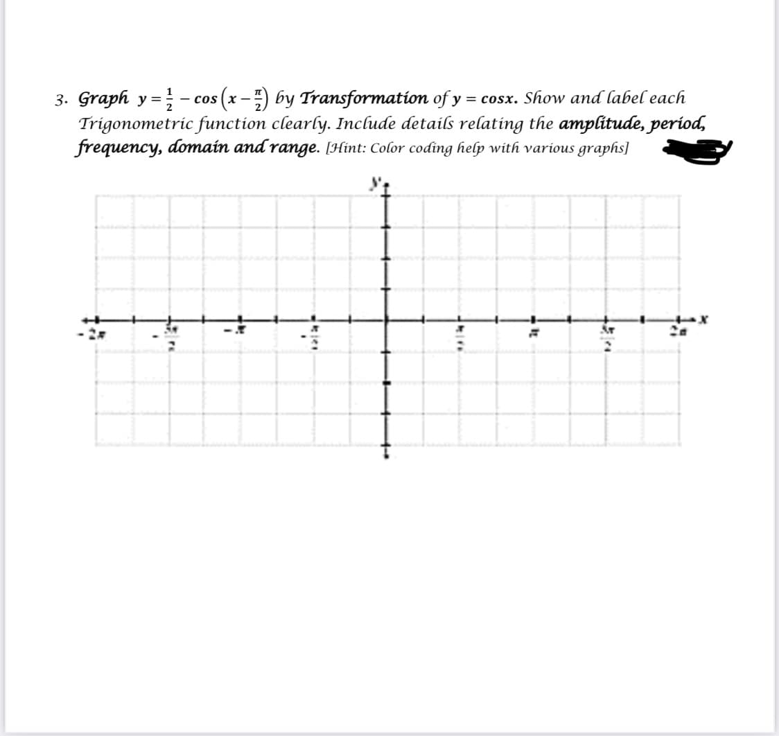 3. Graph y = – cos
Trigonometric function clearly. Include details relating the amplitude, períod,
frequency, domain and range. [Hint: Color coding help with various graphs]
os (x – -) by Transformation of y = cosx. Show and label each
