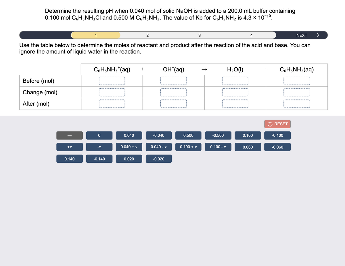 Determine the resulting pH when 0.040 mol of solid NaOH is added to a 200.0 mL buffer containing
0.100 mol C6H5NH3CI and 0.500 M C6H5NH2. The value of Kb for C6H5NH2 is 4.3 x 101°.
1
2
3
4
NEXT
Use the table below to determine the moles of reactant and product after the reaction of the acid and base. You can
ignore the amount of liquid water in the reaction.
C6H;NH3*(aq)
Он (aq)
H20(1)
C6H;NH2(aq)
+
+
Before (mol)
Change (mol)
After (mol)
5 RESET
0.040
-0.040
0.500
-0.500
0.100
-0.100
+x
0.040 + x
0.040 - x
0.100 + x
0.100 - x
0.060
-0.060
-x
0.140
-0.140
0.020
-0.020
