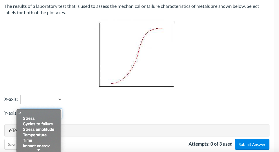 The results of a laboratory test that is used to assess the mechanical or failure characteristics of metals are shown below. Select
labels for both of the plot axes.
X-аxis:
Y-axis v
Stress
Cycles to failure
Stress amplitude
Temperature
Time
eTe
Attempts: 0 of 3 used
Submit Answer
Save
Impact enerav
