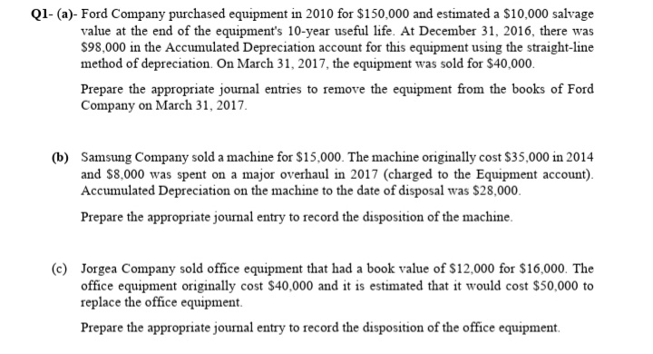 Q1- (a)- Ford Company purchased equipment in 2010 for $150,000 and estimated a $10,000 salvage
value at the end of the equipment's 10-year useful life. At December 31, 2016, there was
$98,000 in the Accumulated Depreciation account for this equipment using the straight-line
method of depreciation. On March 31, 2017, the equipment was sold for $40,000.
Prepare the appropriate journal entries to remove the equipment from the books of Ford
Company on March 31, 2017.
(b) Samsung Company sold a machine for $15,000. The machine originally cost $35,000 in 2014
and $8,000 was spent on a major overhaul in 2017 (charged to the Equipment account).
Accumulated Depreciation on the machine to the date of disposal was $28,000.
Prepare the appropriate journal entry to record the disposition of the machine.
(c) Jorgea Company sold office equipment that had a book value of $12,000 for $16,000. The
office equipment originally cost $40,000 and it is estimated that it would cost $50,000 to
replace the office equipment.
Prepare the appropriate journal entry to record the disposition of the office equipment.
