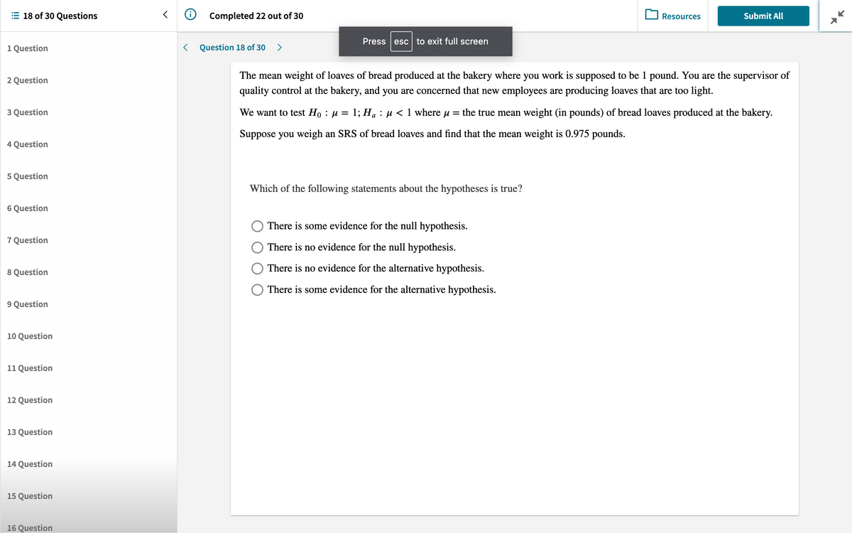 18 of 30 Questions
Completed 22 out of 30
Resources
Submit All
Press esc to exit full screen
1 Question
< Question 18 of 30
>
The mean weight of loaves of bread produced at the bakery where you work is supposed to be 1 pound. You are the supervisor of
2 Question
quality control at the bakery, and you are concerned that new employees are producing loaves that are too light.
3 Question
We want to test Ho : µ =
1; На : и < 1 where u —
the true mean weight (in pounds) of bread loaves produced at the bakery.
a
Suppose you weigh an SRS of bread loaves and find that the mean weight is 0.975 pounds.
4 Question
5 Question
Which of the following statements about the hypotheses is true?
6 Question
There is some evidence for the null hypothesis.
7 Question
O There is no evidence for the null hypothesis.
8 Question
There is no evidence for the alternative hypothesis.
O There is some evidence for the alternative hypothesis.
9 Question
10 Question
11 Question
12 Question
13 Question
14 Question
15 Question
16 Question
