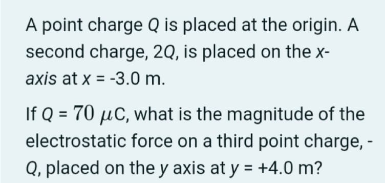 A point charge Q is placed at the origin. A
second charge, 2Q, is placed on the x-
axis at x = -3.0 m.
If Q = 70 µC, what is the magnitude of the
electrostatic force on a third point charge, -
Q, placed on the y axis at y = +4.0 m?
