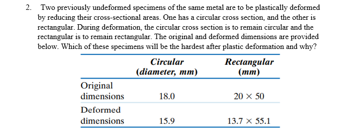 2. Two previously undeformed specimens of the same metal are to be plastically deformed
by reducing their cross-sectional areas. One has a circular cross section, and the other is
rectangular. During deformation, the circular cross section is to remain circular and the
rectangular is to remain rectangular. The original and deformed dimensions are provided
below. Which of these specimens will be the hardest after plastic deformation and why?
Rectangular
(тт)
Circular
(diameter, mm)
Original
dimensions
18.0
20 x 50
Deformed
dimensions
15.9
13.7 x 55.1
