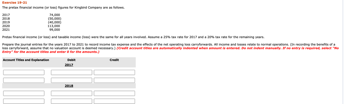 Exercise 19-21
The pretax financial income (or loss) figures for Kingbird Company are as follows.
74,000
(50,000)
(40,000)
113,000
99,000
2017
2018
2019
2020
2021
Pretax financial income (or loss) and taxable income (loss) were the same for all years involved. Assume a 25% tax rate for 2017 and a 20% tax rate for the remaining years.
Prepare the journal entries for the years 2017 to 2021 to record income tax expense and the effects of the net operating loss carryforwards. All income and losses relate to normal operations. (In recording the benefits of a
loss carryforward, assume that no valuation account is deemed necessary.) (Credit account titles are automatically indented when amount is entered. Do not indent manually. If no entry is required, select "No
Entry" for the account titles and enter 0 for the amounts.)
Account Titles and Explanation
Debit
Credit
2017
2018
