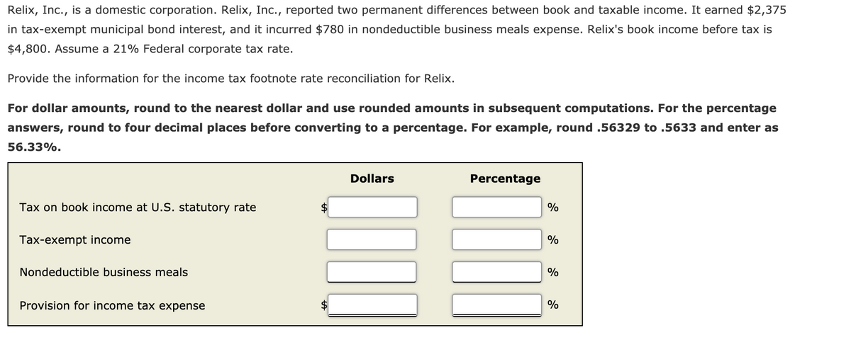 Relix, Inc., is a domestic corporation. Relix, Inc., reported two permanent differences between book and taxable income. It earned $2,375
in tax-exempt municipal bond interest, and it incurred $780 in nondeductible business meals expense. Relix's book income before tax is
$4,800. Assume a 21% Federal corporate tax rate.
Provide the information for the income tax footnote rate reconciliation for Relix.
For dollar amounts, round to the nearest dollar and use rounded amounts in subsequent computations. For the percentage
answers, round to four decimal places before converting to a percentage. For example, round .56329 to .5633 and enter as
56.33%.
Dollars
Percentage
Tax on book income at U.S. statutory rate
%
Tax-exempt income
%
Nondeductible business meals
%
Provision for income tax expense
%
