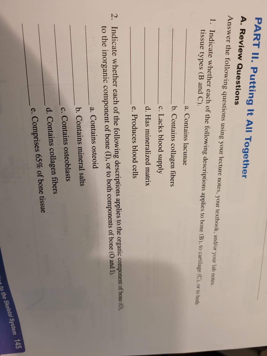 PART II. Putting It All Together
A. Review Questions
Answer the following questions using your lecture notes, your textbook, and/or your lab notes.
1. Indicate whether each of the following descriptions applies to bone (B), to cartilage (C), or to both
tissue types (B and C).
a. Contains lacunae
b. Contains collagen fibers
c. Lacks blood supply
d. Has mineralized matrix
e. Produces blood cells
2. Indicate whether each of the following descriptions applies to the organic component of bone (O),
to the inorganic component of bone (I), or to both components of bone (O and I).
a. Contains osteoid
b. Contains mineral salts
c. Contains osteoblasts
d. Contains collagen fibers
e. Comprises 65% of bone tissue
the Skeletal System 145
