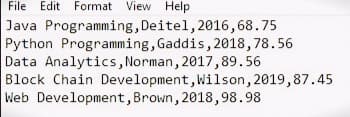 File Edit Format View Help
Java Programming, Deitel, 2016,68.75
Python Programming, Gaddis, 2018,78.56
Data Analytics, Norman, 2017,89.56
Block Chain Development, Wilson, 2019,87.45
Web Development, Brown, 2018, 98.98