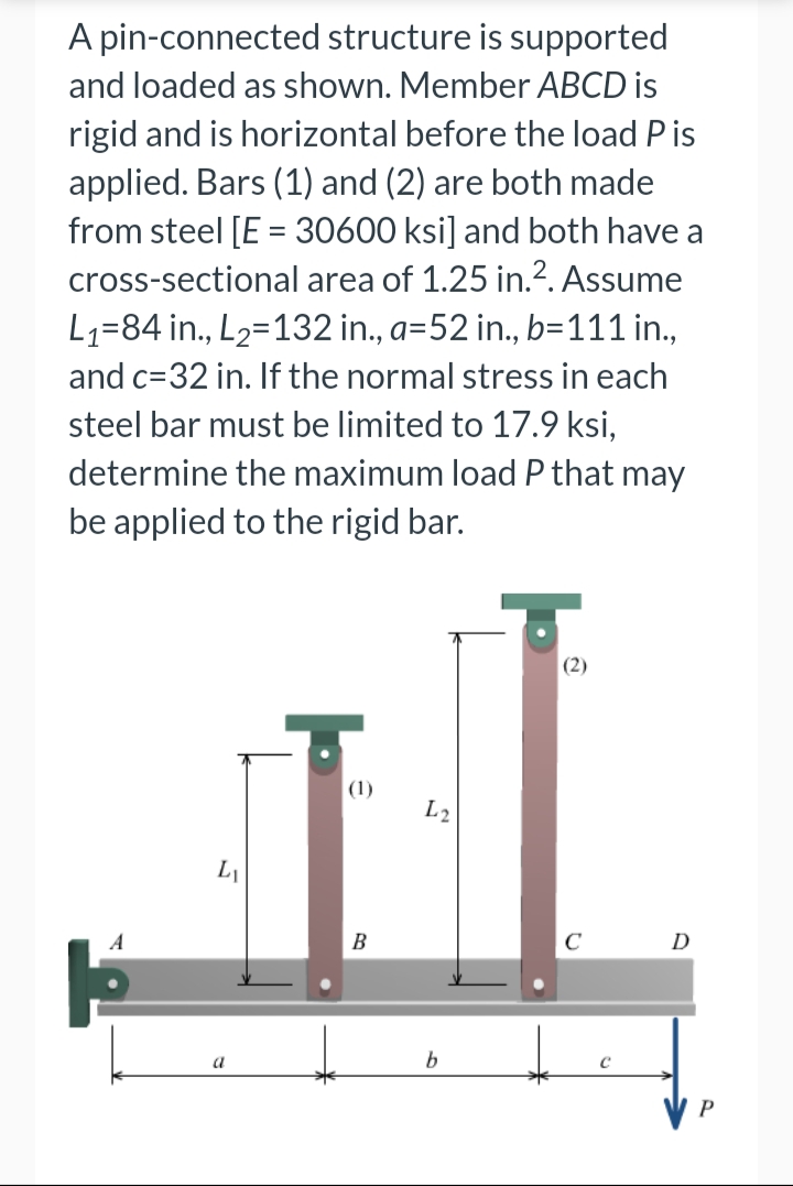 A pin-connected structure is supported
and loaded as shown. Member ABCD is
rigid and is horizontal before the load Pis
applied. Bars (1) and (2) are both made
from steel [E = 30600 ksi] and both have a
cross-sectional area of 1.25 in.?. Assume
L1=84 in., L2=132 in., a=52 in., b=111 in.,
and c=32 in. If the normal stress in each
steel bar must be limited to 17.9 ksi,
determine the maximum load P that may
be applied to the rigid bar.
(1)
L2
A
B
C
D
a
b
