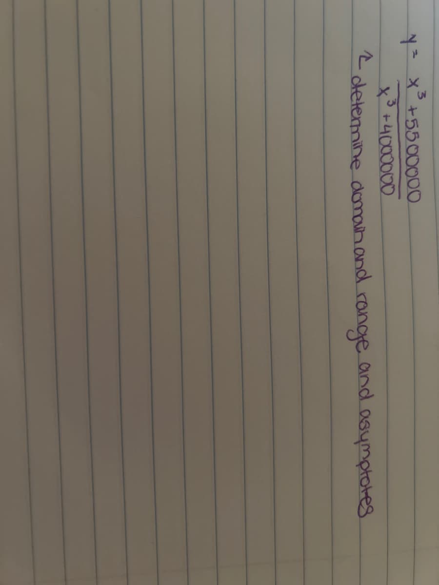 3
Y²X +5500000
x³+4000000
determine domain and range and asymptotes