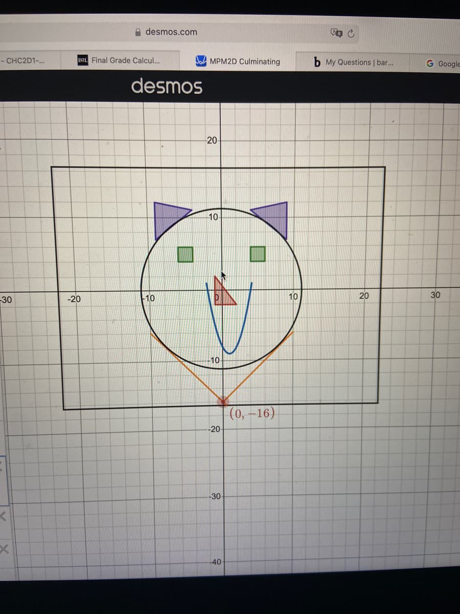 - CHC2D1-...
-30
desmos.com
desmos
D2L Final Grade Calcul...
-20
-10
MPM2D Culminating
20-
10-
-10
-20-
-30-
-40-
(0, -16)
10
AC
b My Questions | bar.....
20
G Google
30