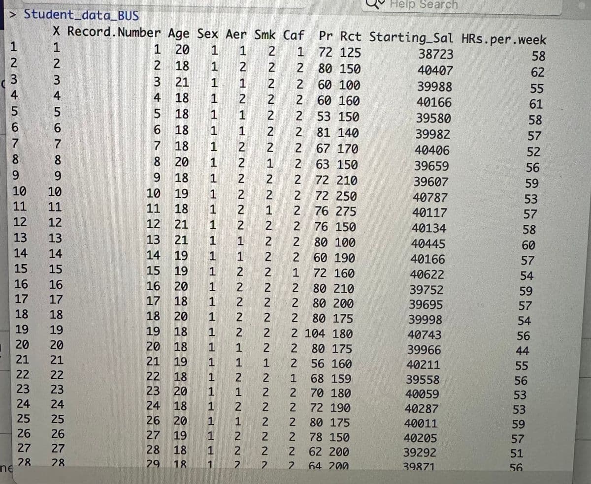 > Student_data_BUS
X Record. Number Age Sex Aer Smk Caf Pr Rct Starting_Sal HRs.per.week
1
1 20 1
1
2
1 72 125
2
18
80 150
3
21
60 100
4
18
60 160
5
18
2 53 150
6
18
81 140
7
18
2 67 170
8
20
2 63 150
9
18
72 210
10
19
2 72 250
11
18
76 275
12
21
76 150
80 100
60 190
72 160
1234567
8
9
10
11
ne
12
13
14
15
16
17
18
19
20
21
22
23
24
25
26
27
28
~MAHARAN
10
11
12
21
22
23
24
25
26
27
28
13 21
14
19
15
19
16
20
17
18
18
20
19
18
20 18
21 19
22 18
23
20
18
20
19
18
18
24
26
27
28
29
ddddddddddd
1
1 1 2
1 2 2
1
HNHNHHN N N N N N H
1 1 2
1 1
1
2 2
1
1
2
1
1
1
1 1
1 2
1
2
1
2
1
1
1
1
1
1
1 2
1
1
1
1
VNN-ΝΕΝΤΕΝΝΝ
2
2
1
1
ΝΝΕΝΝΕΝΝΝΝΝΝΝ
2
1
1 2
1
2
2
2
2
1
2
2
1
2
2
2
2
2
N22HNNN2227
1
2
NNNNNNNNNNNP
2
2
1
2 80 210
2
80 200
2 80 175
2
104 180
2 80 175
56 160
ΕΝΝΝ
VNNΝ
1 68 159
2 70 180
2 72 190
2 80 175
2 78 150
2 62 200
64 200
? ? ?
Help Search
38723
40407
39988
40166
39580
39982
40406
39659
39607
40787
40117
40134
40445
40166
40622
39752
39695
39998
40743
39966
40211
39558
40059
40287
40011
40205
39292
39871
58
62
55
61
58
57
52
56
59
53
57
58
60
57
54
59
57
54
56
44
55
56
53
53
59
57
51
56