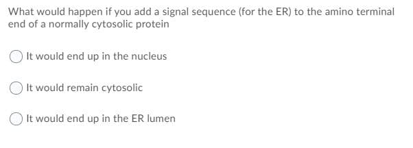 What would happen if you add a signal sequence (for the ER) to the amino terminal
end of a normally cytosolic protein
It would end up in the nucleus
It would remain cytosolic
O It would end up in the ER lumen
