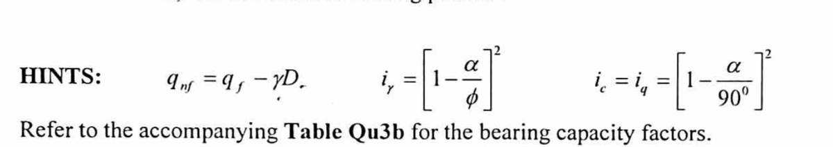 HINTS:
Ing =9, - yD.
i,
į = i,
90°
Refer to the accompanying Table Qu3b for the bearing capacity factors.
