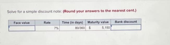 Solve for a simple discount note: (Round your answers to the nearest cent.)
Time (in days) Maturity value
80/360 $
5,150
Face value
Rate
7%
Bank discount