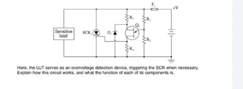 F,
Sensitive
load
D,
SCR,
Here, the UJT serves as an overvoltage detection device, triggering the SCR when necessary.
Explain how this circuit works, and what the function of each of its components is.
