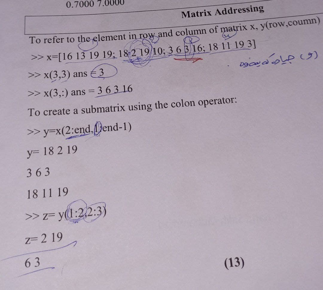 0.7000 7.
Matrix Addressing
To refer to the element in row and column of matrix x, y(row,coumn)
>> x=[16 13 19 19, 182 19/10; 3 6 3 16; 18 11 19 3]
>> x(3,3) ans 3
>> x(3,:) ans =36316
To create a submatrix using the colon operator:
>> y=x(2:end, Dend-1)
y= 18 2 19
363
18 11 19
>> z= y(1:22:3)
Z= 2 19
63
رو میاد که یه وه
(13)