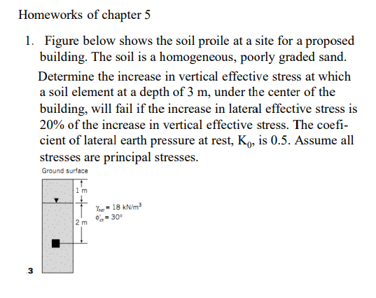 Homeworks of chapter 5
1. Figure below shows the soil proile at a site for a proposed
building. The soil is a homogeneous, poorly graded sand.
Determine the increase in vertical effective stress at which
a soil element at a depth of 3 m, under the center of the
building, will fail if the increase in lateral effective stress is
20% of the increase in vertical effective stress. The coefi-
cient of lateral earth pressure at rest, Kp, is 0.5. Assume all
stresses are principal stresses.
Ground surface
1m
Ya = 18 kN/m
- 30
2 m
.3
