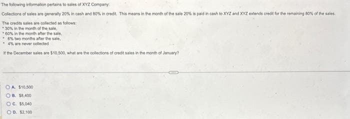 The following information pertains to sales of XYZ Company
Collections of sales are generally 20% in cash and 80% in credit. This means in the month of the sale 20% is paid in cash to XYZ and XYZ extends credit for the remaining 80% of the sales.
The credits sales are collected as follows:
30% in the month of the sale,
*60% in the month after the sale,
6% two months after the sale,
4% are never collected
If the December sales are $10,500, what are the collections of credit sales in the month of January?
OA $10,500
OB. $8,400
OC. $5,040
OD. $2,100
ID