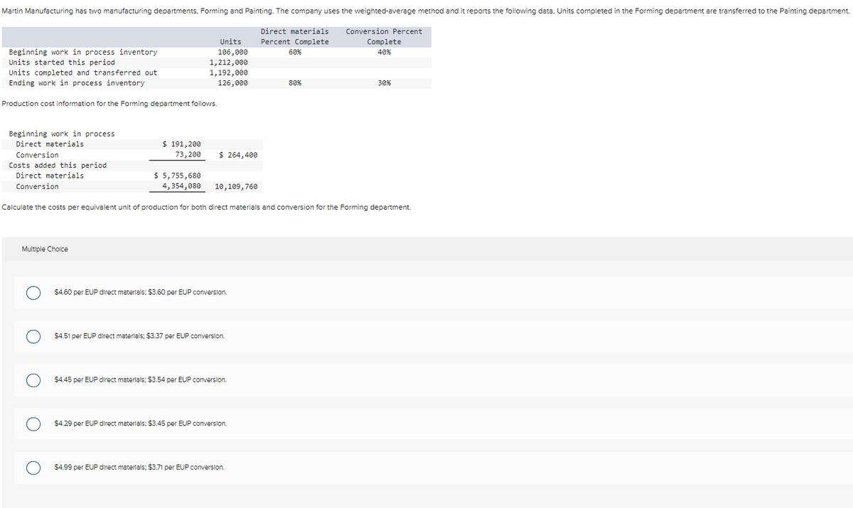 Martin Manufacturing has two manufacturing departments, Forming and Painting. The company uses the weighted-average method and it reports the following data. Units completed in the Forming department are transferred to the Painting department.
Direct materials
Percent Complete
Beginning work in process inventory
Units started this period
Units completed and transferred out
Ending work in process inventory
Production cost information for the Forming department follows.
Beginning work in process
Direct materials
Conversion
Costs added this period
Direct materials
Conversion
Multiple Choice
$ 191,200
73,200
O
Units
106,000
1,212,000
1,192,000
126,000
$ 5,755,680
4,354,080
O
$ 264,400
10,109,760
O $4.60 per EUP direct materials; $3.60 per EUP conversion.
Calculate the costs per equivalent unit of production for both direct materials and conversion for the Forming department.
$4.51 per EUP direct materials; $3.37 per EUP conversion.
$4.45 per EUP direct materials: $3.54 per EUP conversion.
$4.29 per EUP direct materials: $3.45 per EUP conversion.
60%
$4.99 per EUP direct materials: $3.71 per EUP conversion.
80%
Conversion Percent
Complete
40%
30%