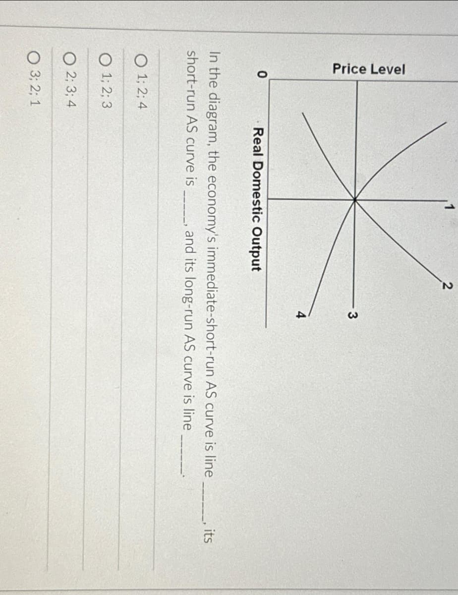 Price Level
0
O 1; 2; 4
O 1; 2; 3
Real Domestic Output
In the diagram, the economy's immediate-short-run AS curve is line
short-run AS curve is and its long-run AS curve is line
O 2; 3; 4
O3; 2; 1
2
3
its