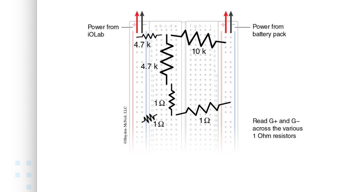 Power from
iOLab
ⒸHayden-McNeil, LLC
4.7 k
4.7 k
.
10
12
13
abcde
14
15.
16
17
www
21
2012
23
192
www
■
■
■
fgh
ww
10 k
7
8
9
10
11
12
13
I
14
15
ww
18
192 19
- 20
21
22
23
■
.
Power from
battery pack
Read G+ and G-
across the various
1 Ohm resistors
