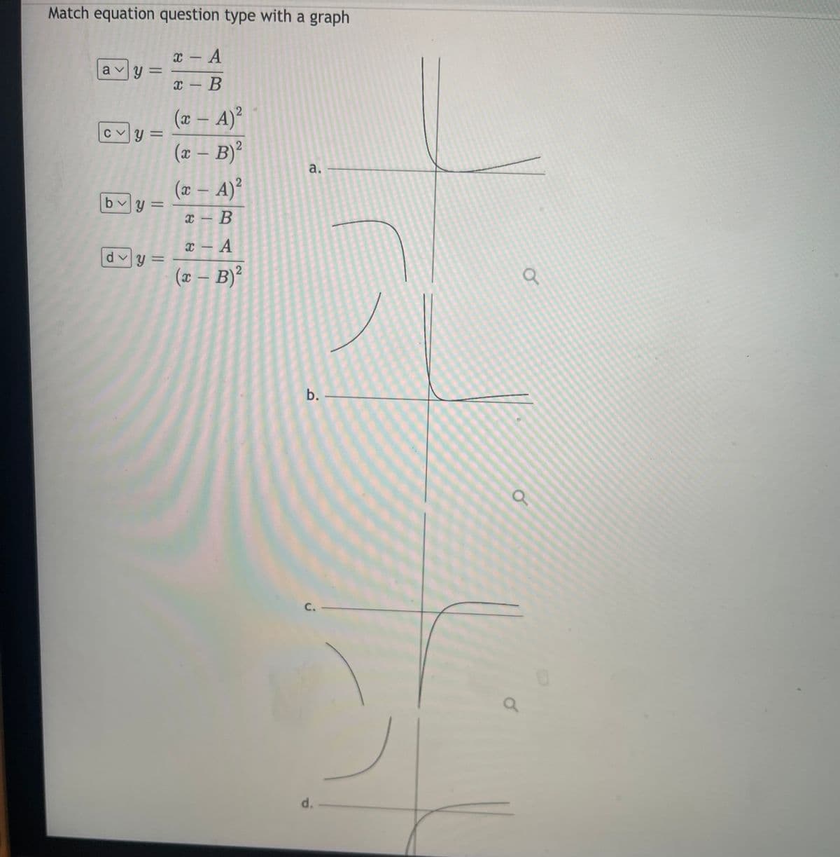 Match equation question type with a graph
x – A
a vy =
x - B
(@ – A)²
|
C Vy =
(x – B)²
a.
(x – A)²
bvy=
%3D
x – B
x – A
dvy =
(x – B)?
b.
C.
d.
