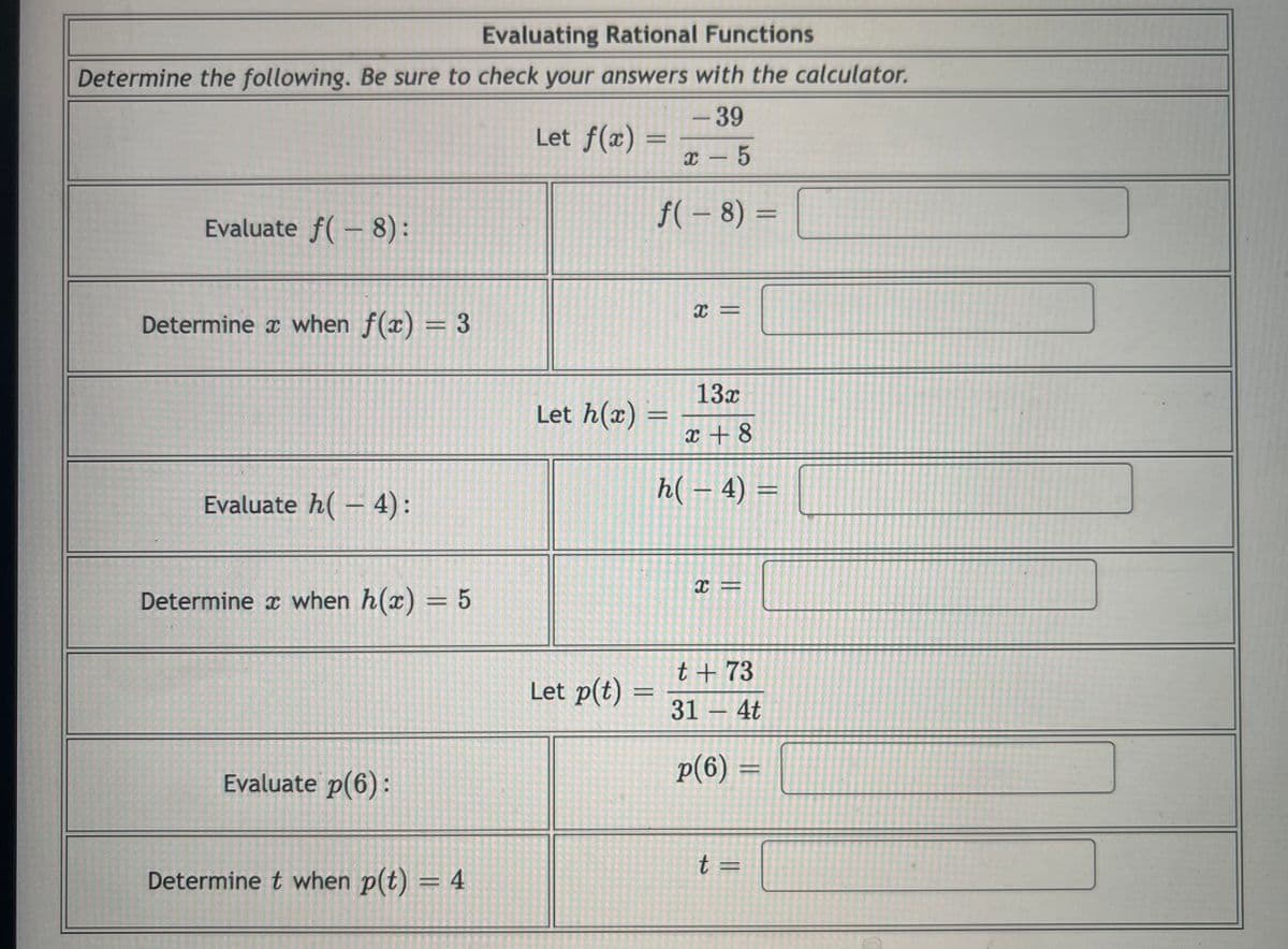 Evaluating Rational Functions
Determine the following. Be sure to check your answers with the calculator.
–39
Let f(x) =
x - 5
f(- 8) =
%3D
Evaluate f(- 8):
Determine x when f(x) = 3
13x
Let h(x) =
x + 8
Evaluate h( - 4):
h( – 4) =
Determine x when h(x) 5
t+ 73
Let p(t) =
%3D
31 – 4t
p(6) =
%3D
Evaluate p(6):
t =
Determine t when p(t) = 4
