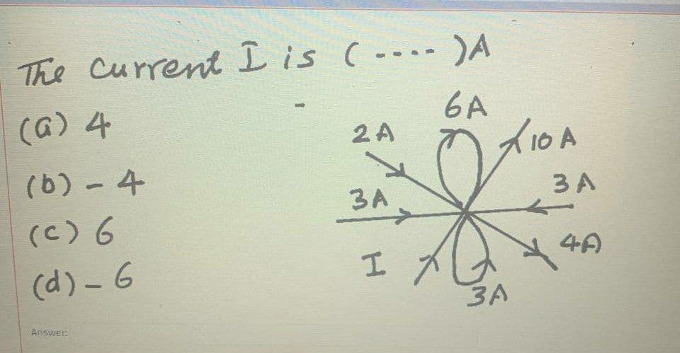 The Current I is (- )A
(a) 4
6A
2 A
X10 A
(b) - 4
3A
3 A
(c) 6
(d) - 6
Iメ
3A
Answer:
