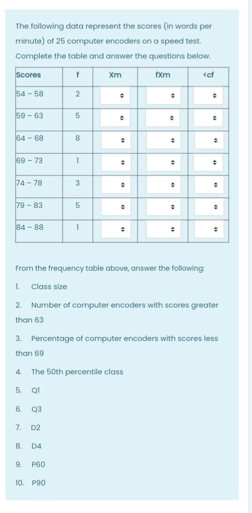 The following data represent the scores (in words per
minute) of 25 computer encoders on a speed test.
Complete the table and answer the questions below.
Scores
f
Xm
fXm
<cf
54 - 58
59 - 63
64 - 68
8
69 - 73
1
74 - 78
3
79 - 83
84 - 88
From the frequency table above, answer the following:
1.
Class size
2.
Number of computer encoders with scores greater
than 63
3.
Percentage of computer encoders with scores less
than 69
4.
The 50th percentile class
5.
QI
6.
Q3
7.
D2
8.
D4
9.
P60
10. P90
