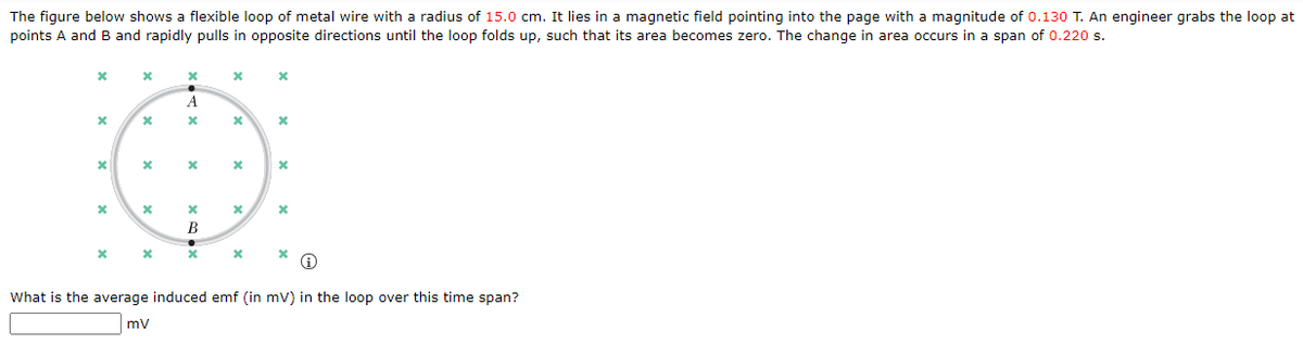 The figure below shows a flexible loop of metal wire with a radius of 15.0 cm. It lies in a magnetic field pointing into the page with a magnitude of 0.130 T. An engineer grabs the loop at
points A and B and rapidly pulls in opposite directions until the loop folds up, such that its area becomes zero. The change in area occurs in a span of 0.220 s.
A
В
What is the average induced emf (in mV) in the loop over this time span?
mV
