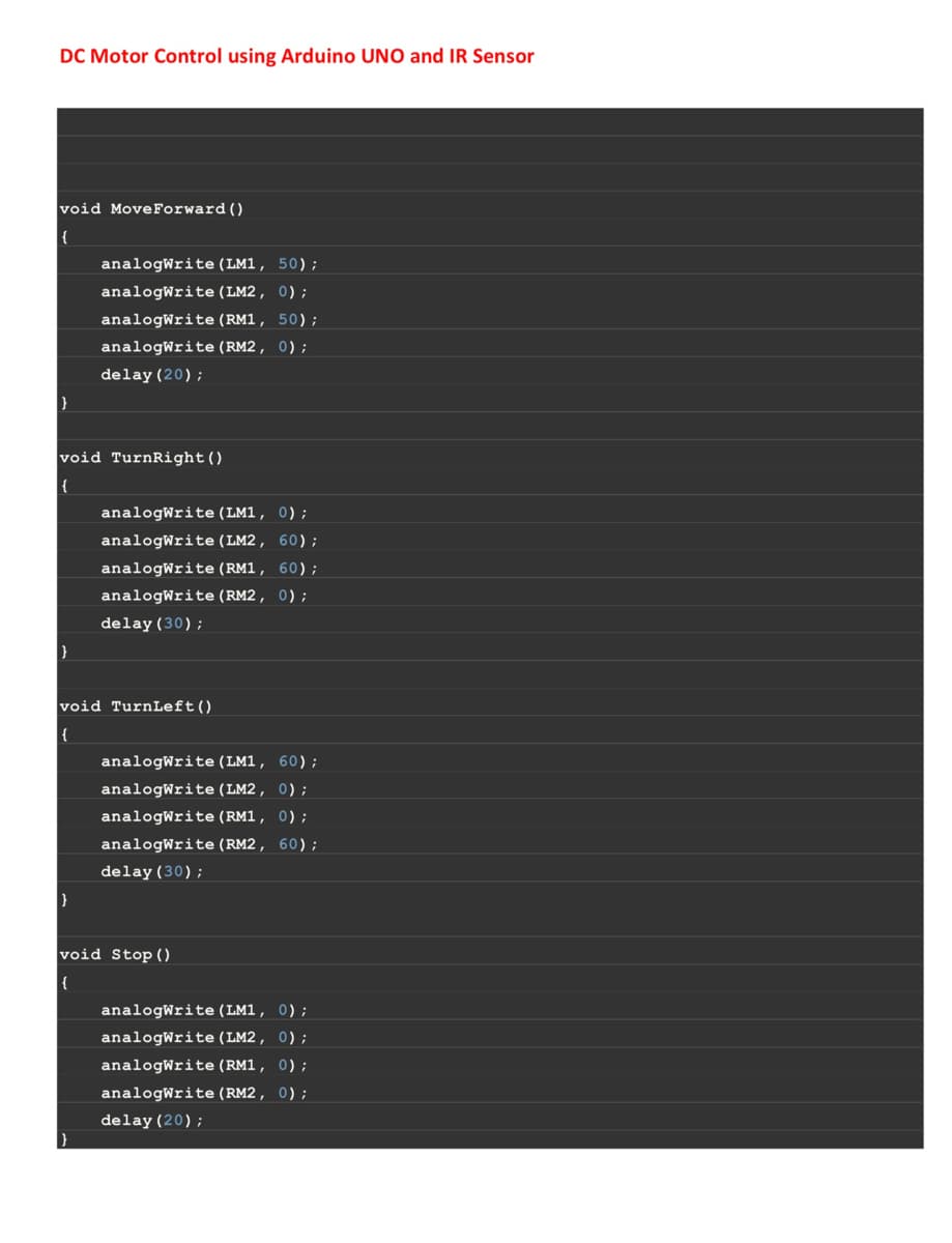 DC Motor Control using Arduino UNO and IR Sensor
void Move Forward ()
{
}
void TurnRight()
{
}
analogWrite (LM1, 50);
analogWrite (LM2, 0);
analogWrite (RM1, 50);
analogWrite (RM2, 0);
delay (20);
}
void Turn Left()
{
analogWrite (LM1, 0);
analogWrite (LM2, 60);
analogWrite (RM1, 60);
analogWrite (RM2, 0);
delay(30);
}
analogWrite (LM1, 60);
analogWrite (LM2, 0);
analogWrite (RM1, 0);
analogWrite (RM2, 60);
delay(30);
void Stop ()
{
analogWrite (LM1, 0);
analogWrite (LM2, 0);
analogWrite (RM1, 0);
analogWrite (RM2, 0);
delay (20);