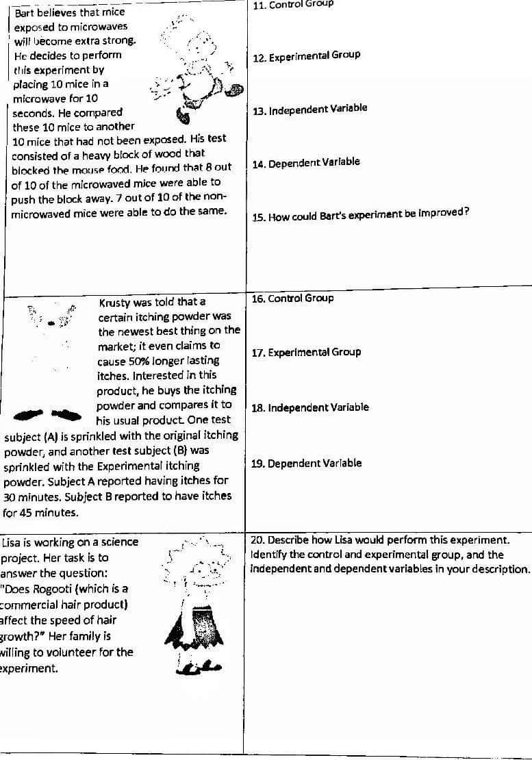 11. Control Group
Bart believes that mice
exposed to microwaves
will become extra strong.
He decides to perform
this experiment by
placing 10 mice in a
microwave for 10
12. Experimental Group
seconds. He compared
13. Independent Variable
these 10 mice to another
10 mice that had not been exposed. His test
consisted of a heavy block of wood that
blocked the mause food, He found that 8 out
14. Dependent Varlable
of 10 of the microwaved mice were able to
push the block away. 7 out of 10 of the non-
microwaved mice were able to do the same.
15. How could Bart's experiment be improved?
16. Control Group
Krusty was told that a
certain itching powder was
the newest best thing on the
market; it even claims to
17. Experimental Group
cause 50% longer lasting
itches. Interested in this
product, he buys the itching
powder and compares it to
his usual product. One test
18. Independent Variable
subject (A) is sprinkled with the original itching
powder, and another test subject (B) was
sprinkled with the Experimental itching
powder. Subject A reported having itches for
30 minutes. Subject B reported to have itches
for 45 minutes.
19. Dependent Varlable
20. Describe how Lisa would perform this experiment.
Identify the control and experimental group, and the
independent and dependent variables in your description.
Lisa is working on a science
project. Her task is to
answer the question:
"Does Rogooti (which is a
commercial hair product)
affect the speed of hair
growth?" Her family is
willing to volunteer for the
experiment.
