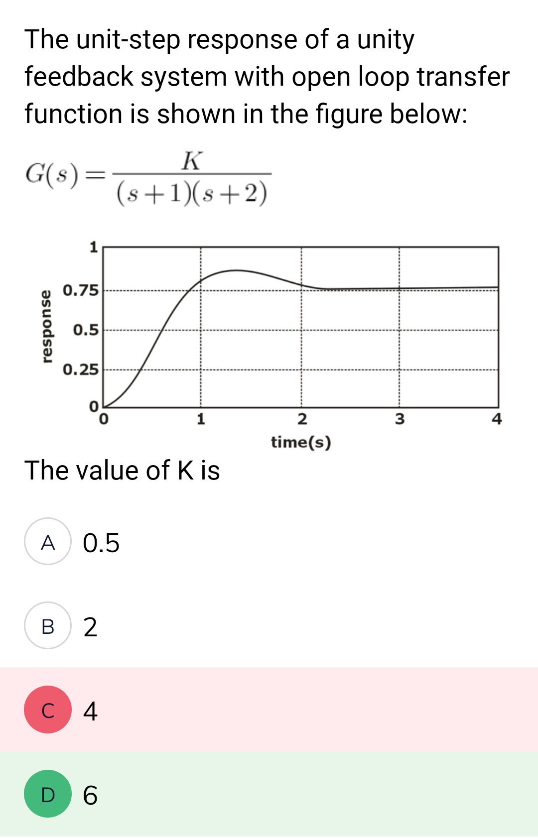 The unit-step response of a unity
feedback system with open loop transfer
function is shown in the figure below:
G(s)=
K
(s+1)(s+2)
1
0.75
0.5
0.25
1
3
The value of Kis
A 0.5
B 2
C
4
D 6
response
2
time(s)
A