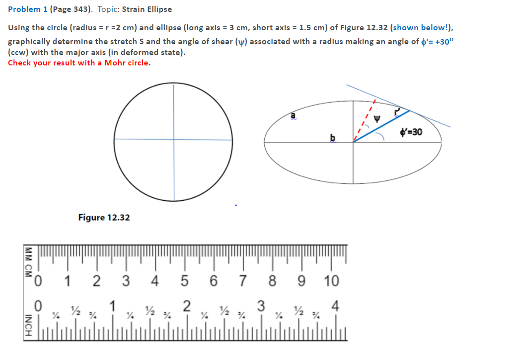 Problem 1 (Page 343). Topic: Strain Ellipse
Using the circle (radius = r =2 cm) and ellipse (long axis = 3 cm, short axis = 1.5 cm) of Figure 12.32 (shown below!),
graphically determine the stretch S and the angle of shear (w) associated with a radius making an angle of o'= +30°
(ccw) with the major axis (in deformed state).
Check your result with a Mohr circle.
=30
Figure 12.32
2
3
4
6
7
8
9.
10
1
2
4
/2
1/2
2
MM CM
INCH

