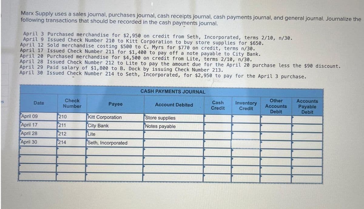 Marx Supply uses a sales journal, purchases journal, cash receipts journal, cash payments journal, and general journal. Journalize the
following transactions that should be recorded in the cash payments journal.
April 3 Purchased merchandise for $2,950 on credit from Seth, Incorporated, terms 2/10, n/30.
April 9 Issued Check Number 210 to Kitt Corporation to buy store supplies for $650.
April 12 Sold merchandise costing $500 to C. Myrs for $770 on credit, terms n/30.
April 17 Issued Check Number 211 for $1,400 to pay off a note payable to City Bank.
April 20 Purchased merchandise for $4,500 on credit from Lite, terms 2/10, n/30.
April 28 Issued Check Number 212 to Lite to pay the amount due for the April 20 purchase less the $90 discount.
April 29 Paid salary of $1,800 to B. Dock by issuing Check Number 213.
April 30 Issued Check Number 214 to Seth, Incorporated, for $2,950 to pay for the April 3 purchase.
Date
April 09
April 17
April 28
April 30
Check
Number
210
211
212
214
Payee
Kitt Corporation
City Bank
Lite
Seth, Incorporated
CASH PAYMENTS JOURNAL
Account Debited
Store supplies
Notes payable
Cash
Credit
Inventory
Credit
Other
Accounts
Debit
Accounts
Payable
Debit