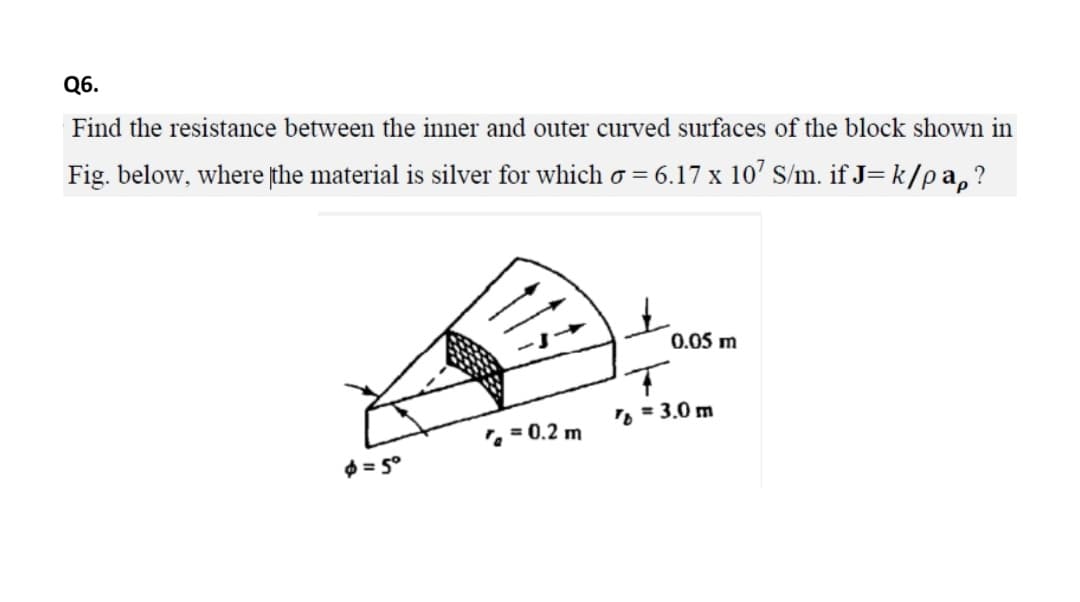 Q6.
Find the resistance between the inner and outer curved surfaces of the block shown in
Fig. below, where țthe material is silver for which o = 6.17 x 10’ S/m. if J= k/pa,?
0.05 m
= 3.0 m
, = 0.2 m
$ = 5°
